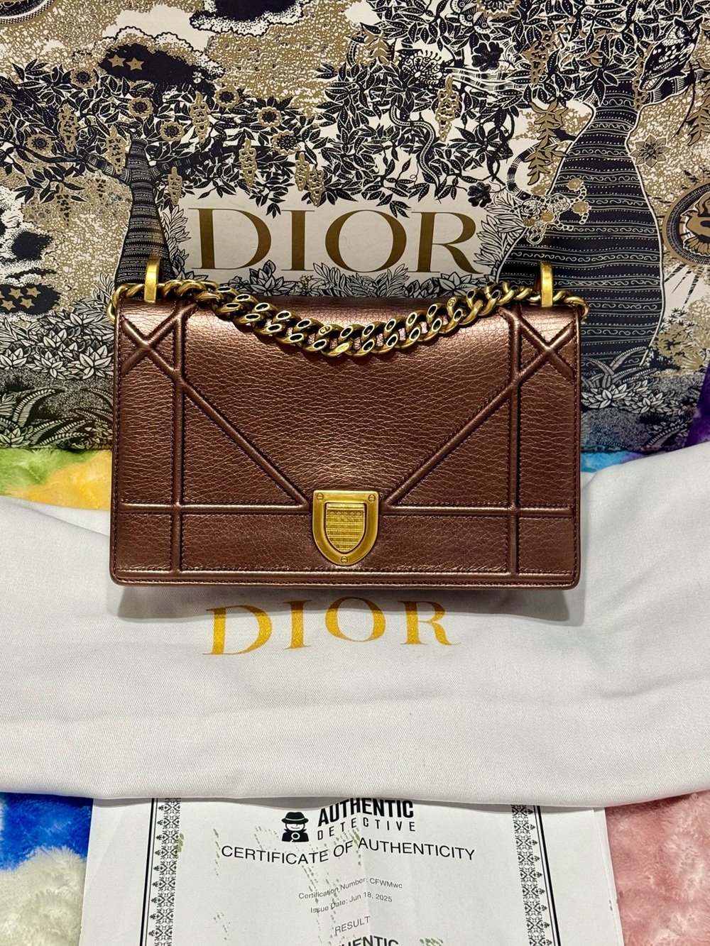 Christian Dior Small Cannage Diorama Flap Bag in Metallic Bronze Leather w/ COA